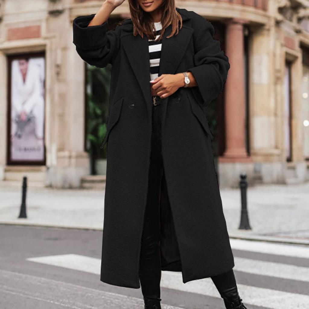 Women's Fashion Casual Loose Fitting Solid Color Long Suit Collar Jacket Woolen Coat