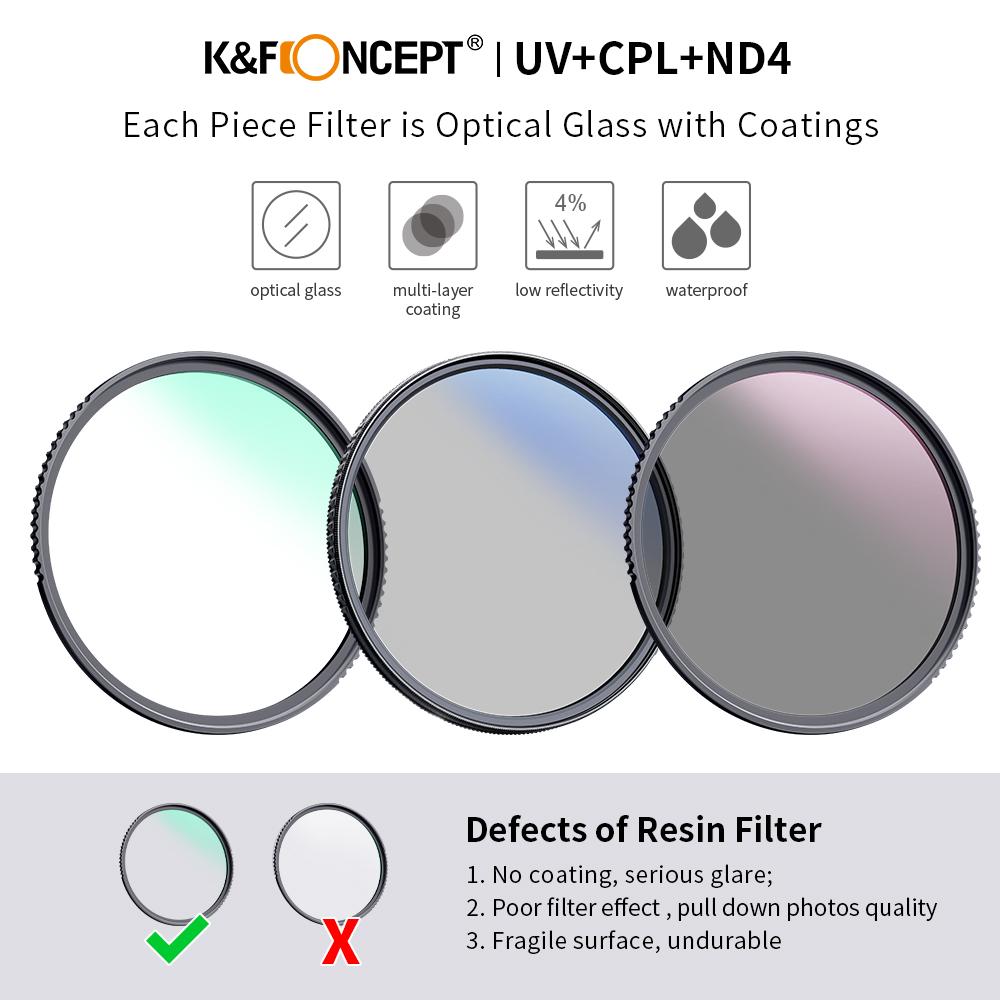 K F CONCEPT Filter Kit Netural Density ND4 MC UV CPL filter Camera Lens Bundle 1 Cleaning Cloth and Filter Pouch 58mm 62mm 67mm 6