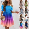 Women Summer Fashion One-Shoulder Short Sleeve Gradient Print Ruffle Mini Dress
