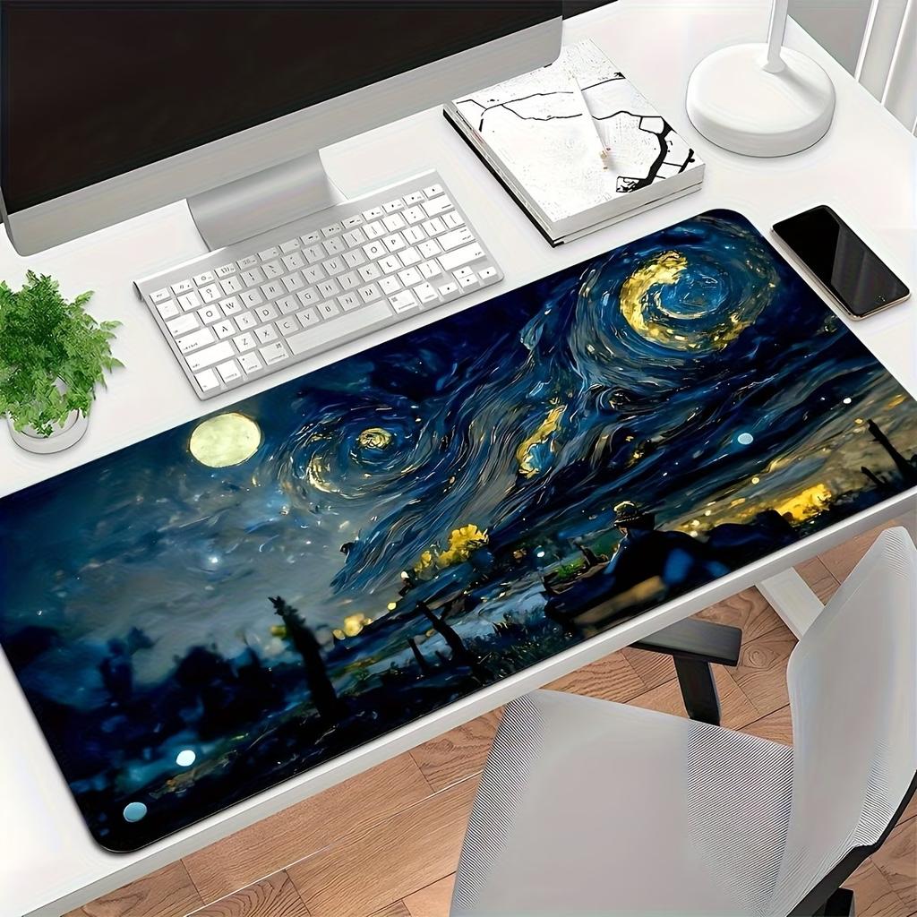 Van Gogh Style Starry Sky Mount Fuji Sakura Desk Mat Xxl NonSlip Rubber Gaming Mousepad Art Landscape Keyboard Pad