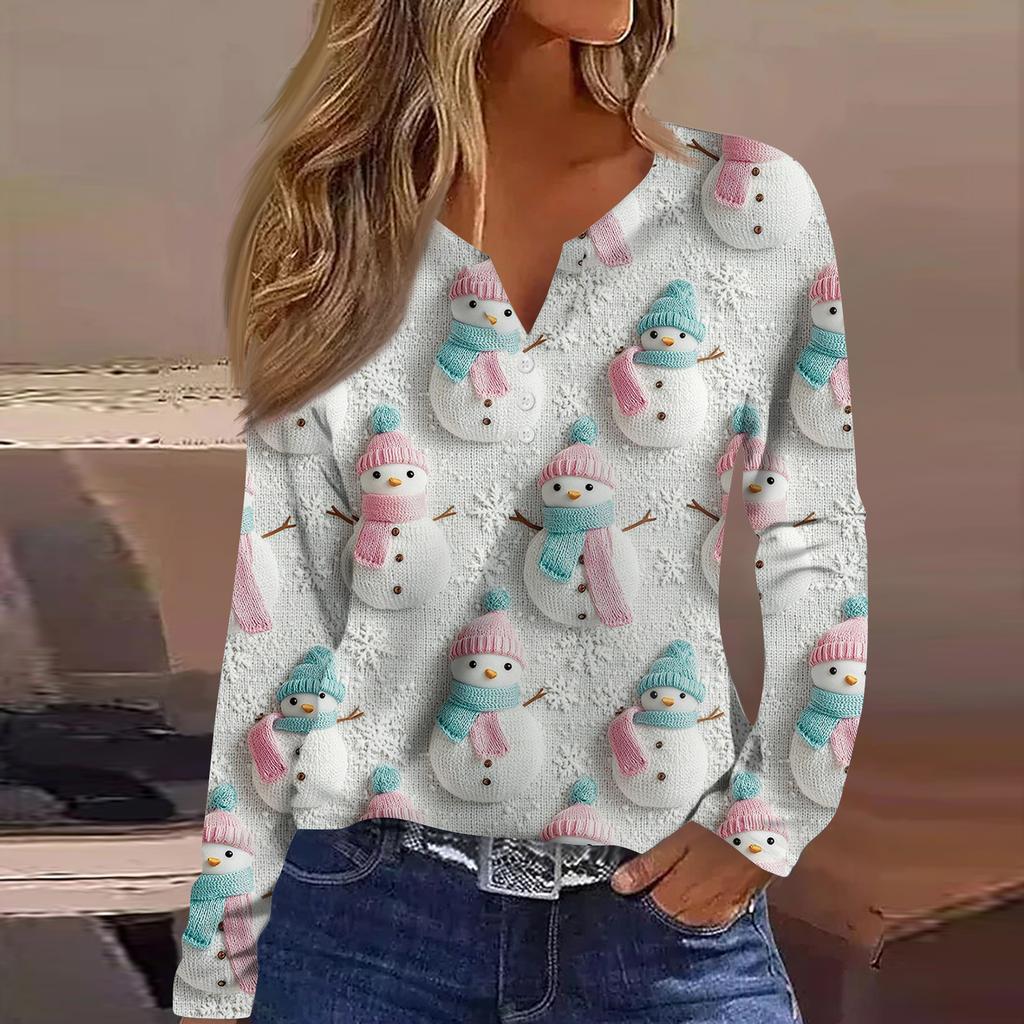 Women's Fashion Casual V-Neck Button-Up Long-Sleeve T-Shirt With Christmas Print Top
