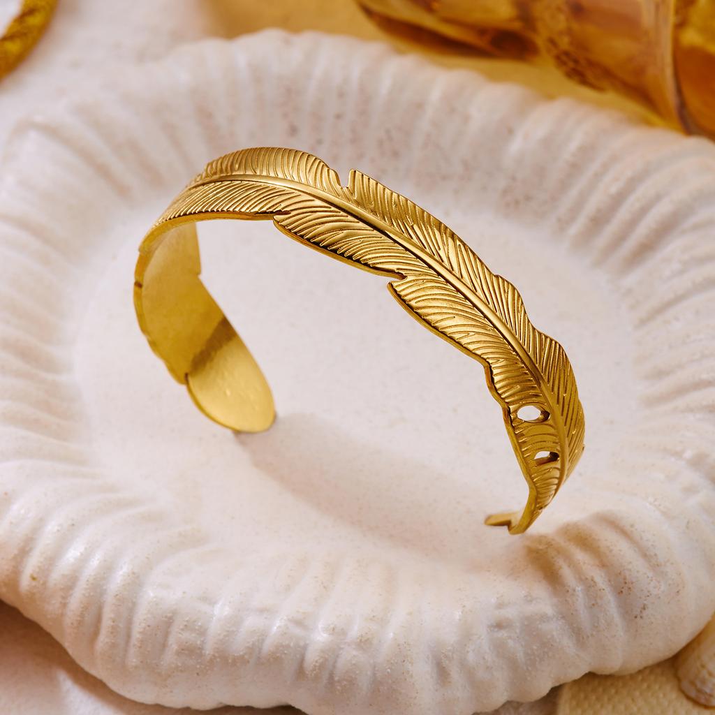 Boho Vintage Stainless Steel Feather Texture Open Cuff Bangle for Women Lightweight Nature Inspired Adjustable Bracelet