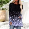 Women Tops Round Neck Long Sleeve Flower Printed Loose Fit Tee Shirt Stretchy