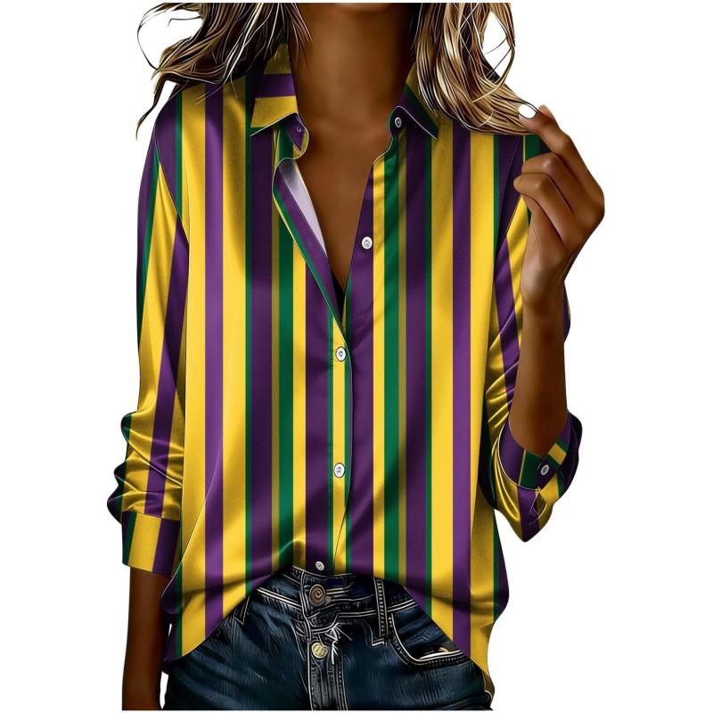 Vintage Color-Block Striped Satin Long Sleeve Shirt Women Relaxed Fit Office Casual 2026