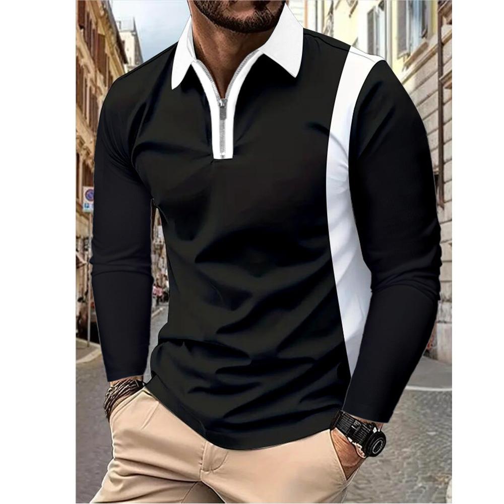 Spring Men's Clothes Contrast Color Fashion Polo Shirts Long Sleeve Turn-down Collar Tops Soft Breathable Casual Zipper Pullover