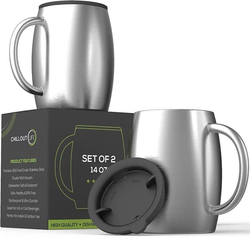 Набор изолированных кофейных кружек из нержавеющей стали, кофейные чашки с двойными стенками и устойчивой к разливу крышкой, прочная ручка, вакуумная чашка для воды, бутылка