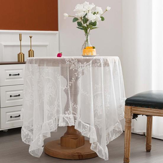 Retro Table Cloth See-through Hollow Out Lace Romantic Style Round Shape Ruffle Floral Embroidery Table Protection Banquets Party Decoration
