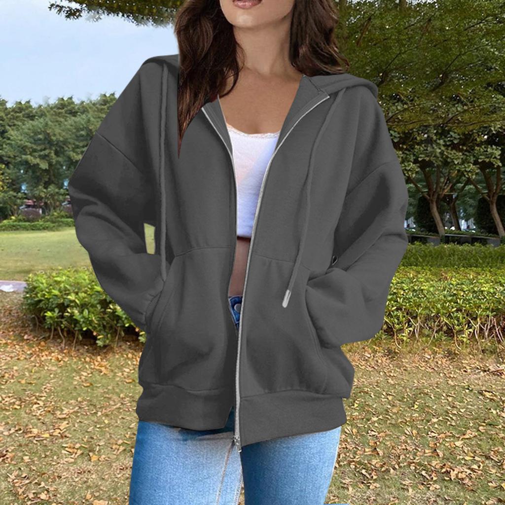 Women's Casual Fashion Solid Color Long Sleeved Zippered Hooded Sweatshirt