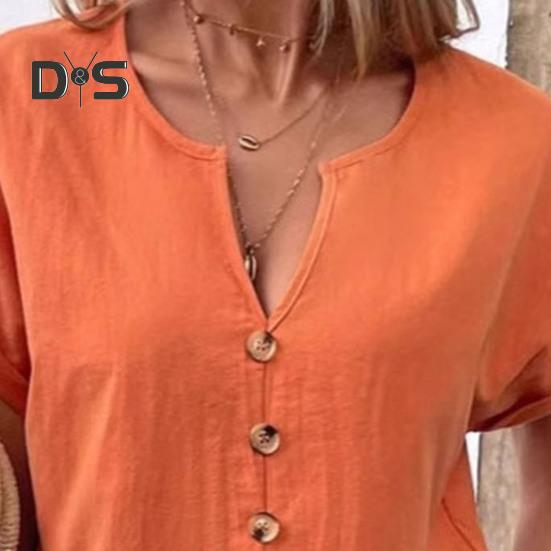 Женская рубашка с V-образным вырезом, декором в виде пуговиц, коротким рукавом, свободная рубашка, однотонная повседневная летняя футболка, повседневная одежда
