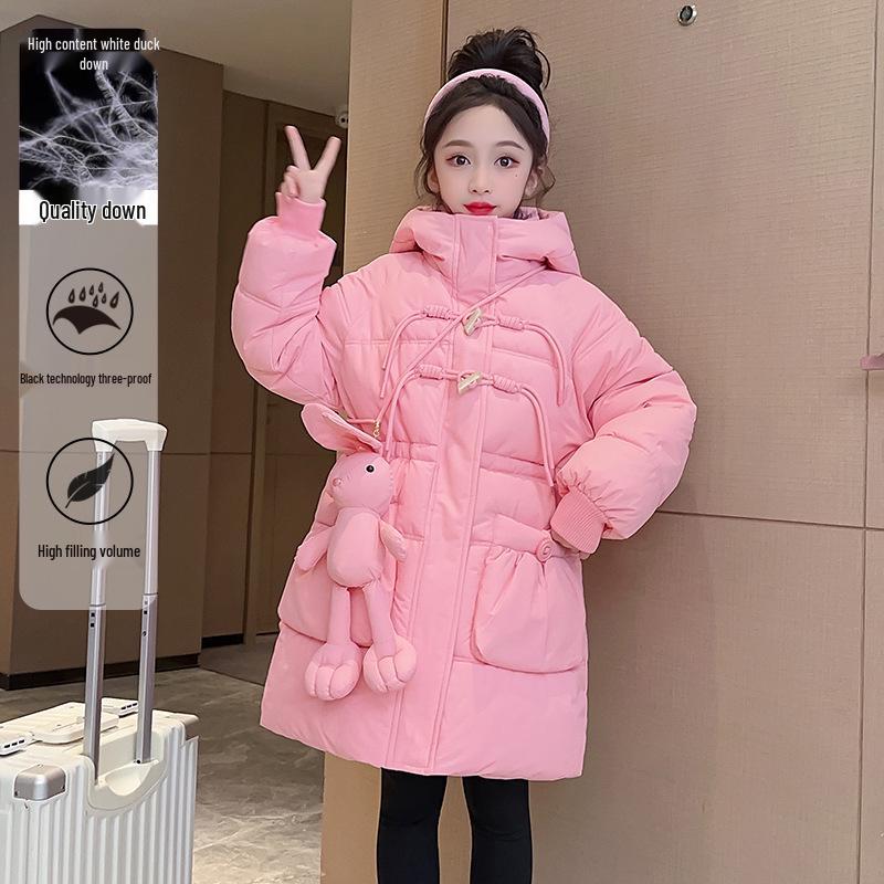 2025 Осень/Зима Модное пуховое пальто для девочек с флисовой подкладкой и куклой-кроликом