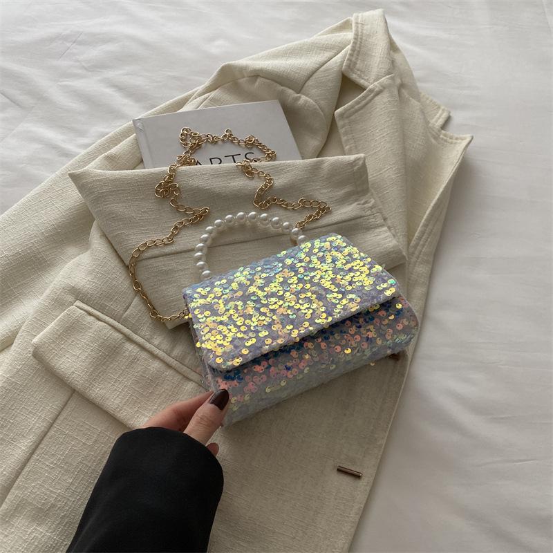 Foreign Style Simple Sequined Pearl Handbag Spring And Summer Versatile Chain Messenger Bag Small Square Bag Women