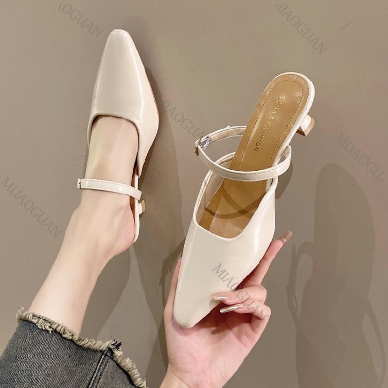 Fashion 2025 Spring Summer New Baotou Half Slippers High-heeled Shoes Fashion Shallow Mouth Elegant Mules Solid Color Slipper Sandals