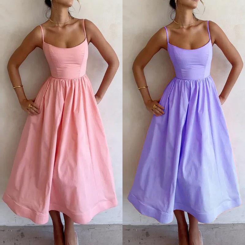 U Neck Solid Color Dress Waist Hugging Elegant Strap Dress for Women Sleeveless Loose Dresses Causal Dress