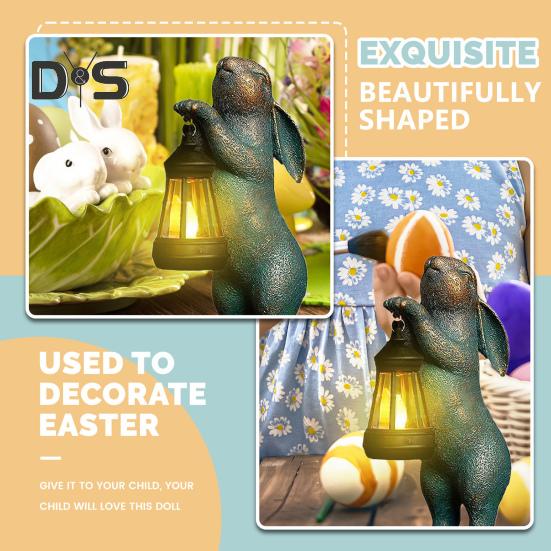 Садовая фигурка кролика с солнечным фонарем, комнатная и уличная статуэтка кролика из смолы, скульптура для патио, двора, лужайки, животного, пасхальное украшение, орнамент