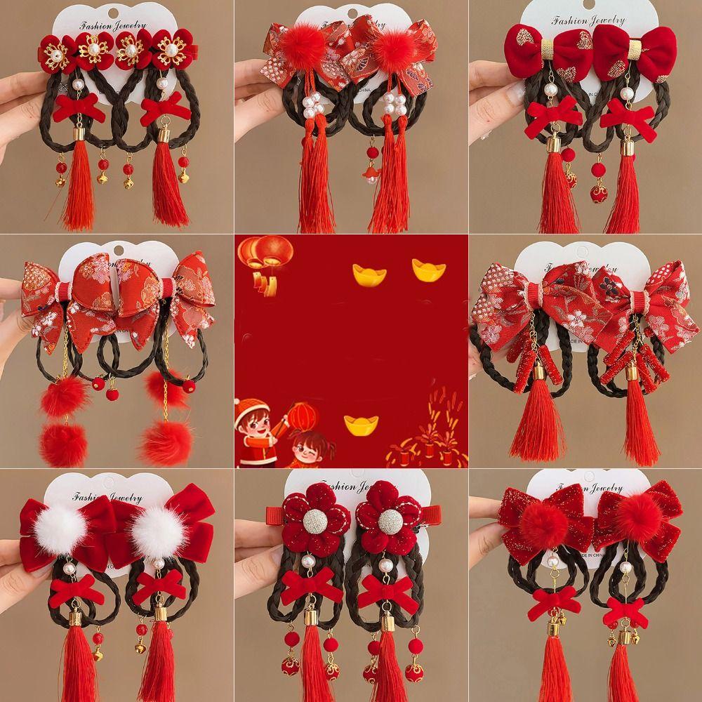 Red Children Bow Wig Hairpin Tassels Hanfu Hair Sticks Sweet Chinese New Year Headwear Baby