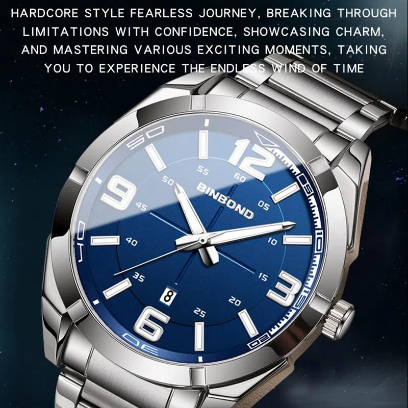 BINBOND Мужские часы Большие цифровые модные деловые водонепроницаемые календарные ночные светильники из нержавеющей стали кварцевые мужские часы мужской подарок