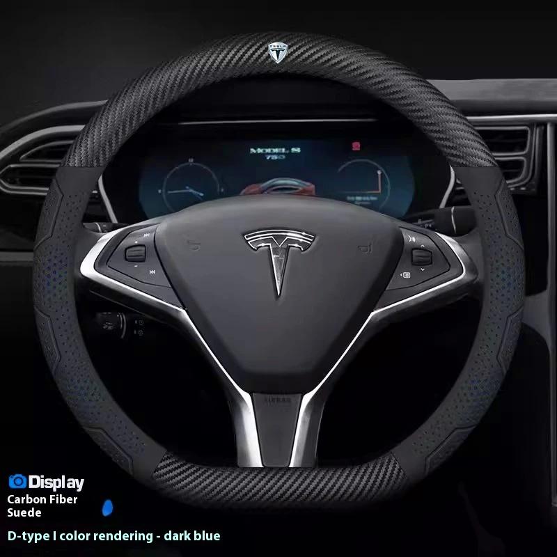 ALM1 Tesla Model 3 Y S Model X Roadster Car Carbon Fiber Suede Leather Anti-slip Breathable Car Steering Wheel Cover Auto Accessories