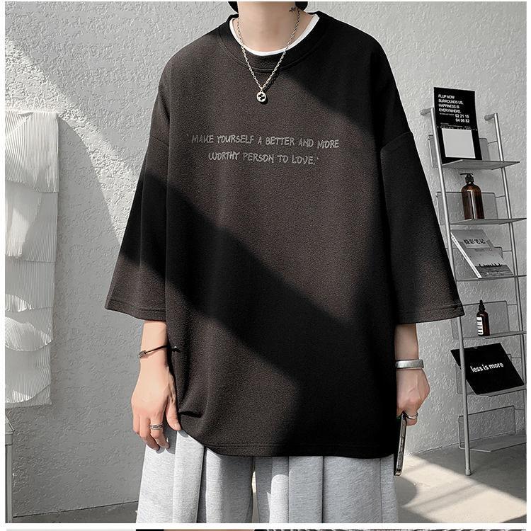 Летняя тонкая футболка с короткими рукавами, мужская толстая рубашка большого размера с пятью точками рукава, корейская драпировка, топы из ледяного шелка с половиной рукавов