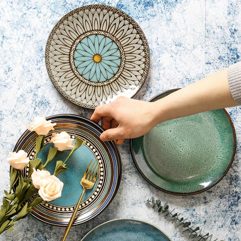 Креативные керамические тарелки в стиле ретро, элитная круглая тарелка для суши, изысканные блюда, обеденная тарелка, бытовая посуда