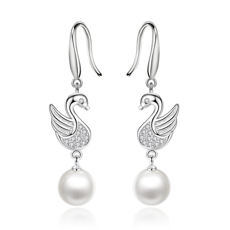 Ladies Elegant Zircon Swan Pearl Eardrop Earrings