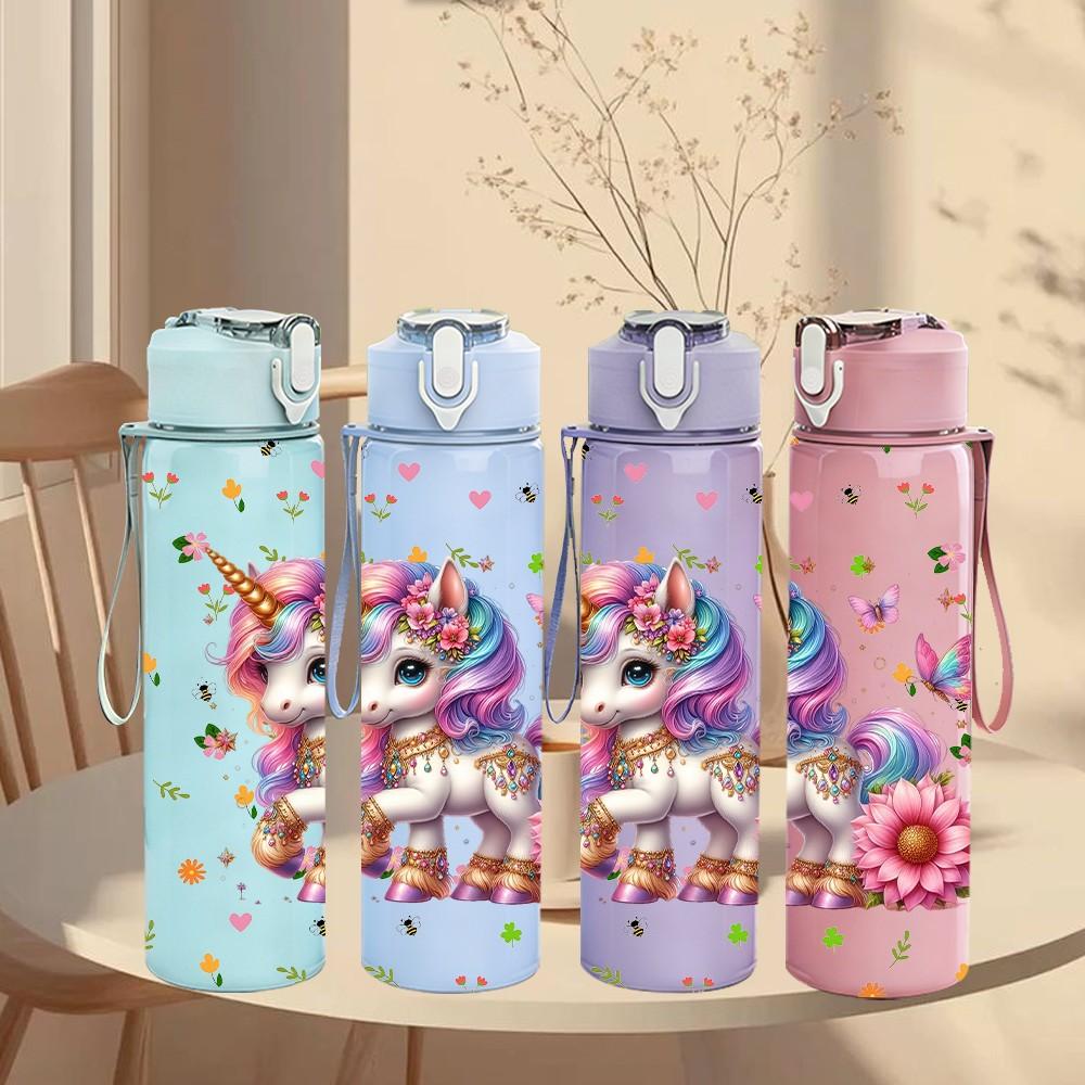 1PC Floral Rainbow Unicorn Pattern 750ml Color Plastic Sports Water Bottle Leakproof Flip Straw Lid Suitable for Sports Office Home Use