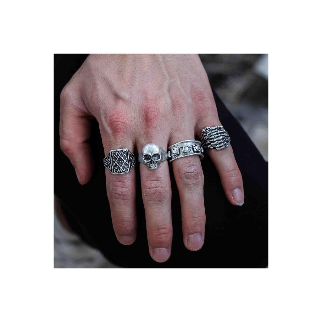 Набор из 4 посеребренных регулируемых моделей мужских и женских колец с черепом