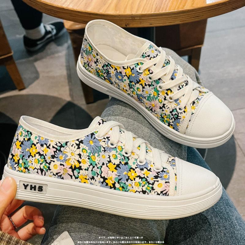 Women's Flower Pattern Vulcanized Canvas Shoe Fashion Lace Up Flat Casual Sneakers Female Breathable Sneakers Zapatillas Mujer