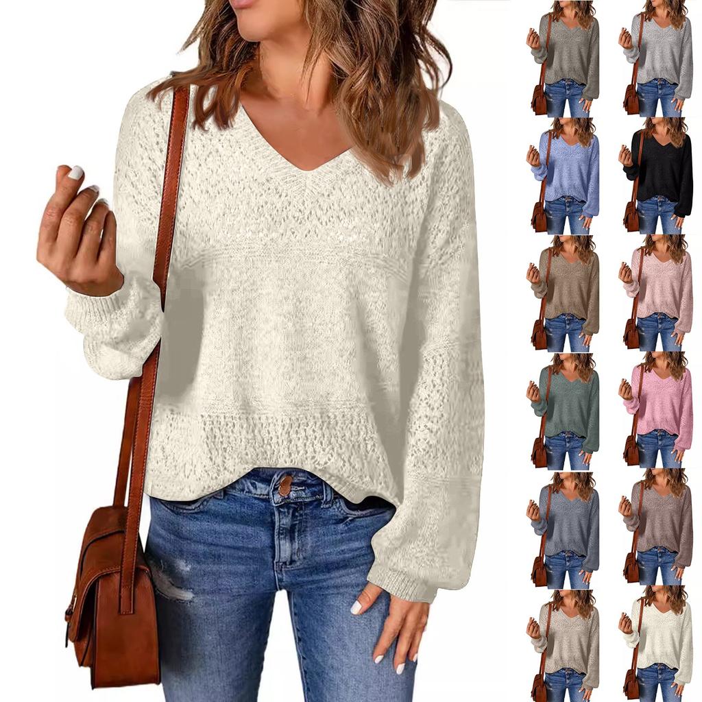 Модный свитер женский осенний однотонный пуловер свободный V-образный вязаный топ