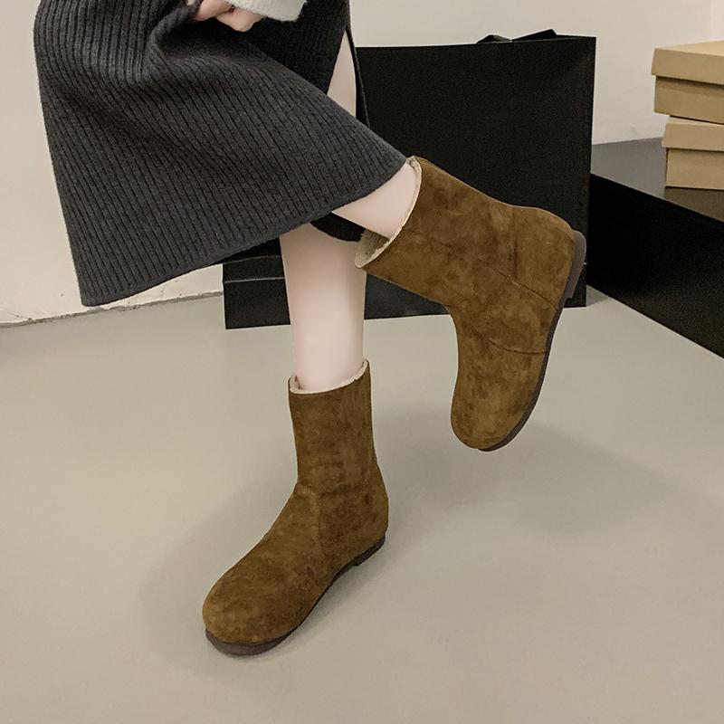 Модные женские ботинки на низком каблуке, замшевые ботильоны с рукавами, теплые удобные прогулочные туфли для женщин 2024 года, зимняя короткая женская обувь