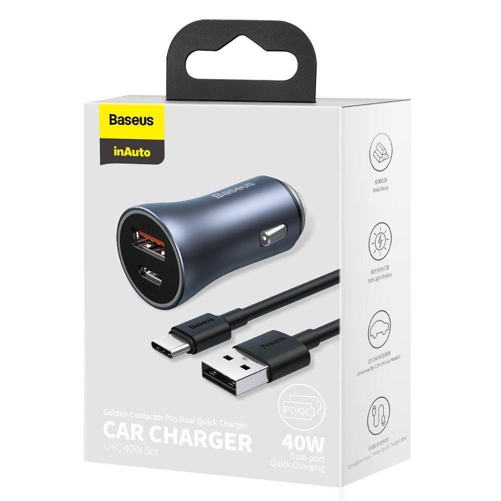 Baseus Pro Dual-Port Car Charger 40W USB-C & USB-A with Cable - Gray | PD QC 4.0+ SCP FCP AFC Support