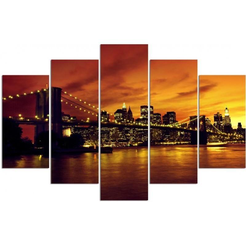 Feeby Feeby Five piece picture canvas print, Brooklyn bridge and manhattan at sunset