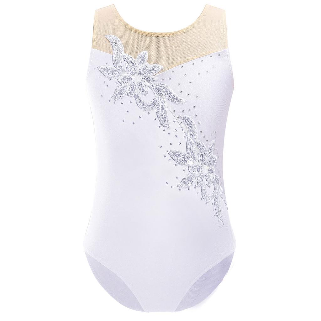 Girls Shiny Sequins Leotard Sleeveless Mesh Patchwork Ballet Dance Gymnastic Skating Jumpsuit