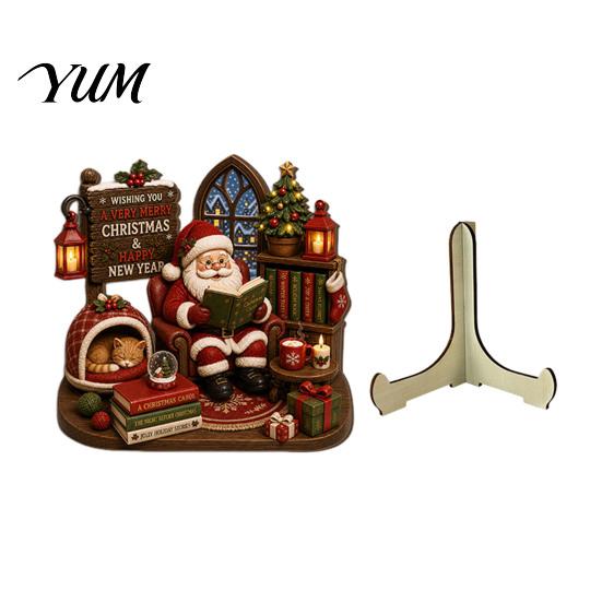 Decorative Wooden Holiday Signs 2D Christmas Castle Tabletop Ornament, Santa Scene Bookshelf Decoration Festive Fireplace Table Decor with Stand, Gift