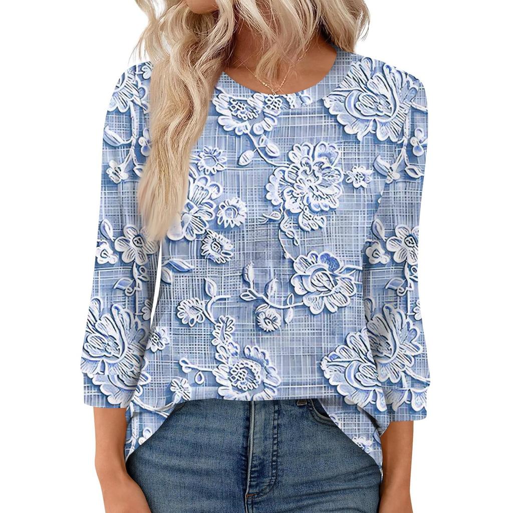 Женская модная повседневная свободная футболка с круглым вырезом и рукавами 3/4 с принтом, женский топ