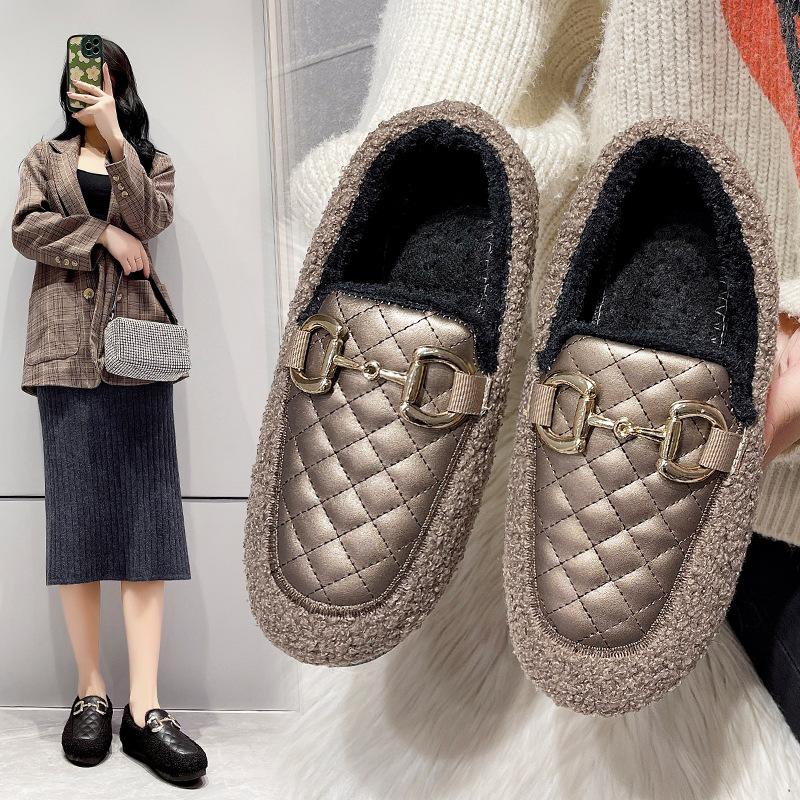 Осень и зима корейская версия женских хлопковых туфель, бархатные хлопковые тапочки, туфли Дуду, студенческие повседневные туфли на плоской подошве, пушистые туфли на один шаг,