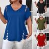 Женская летняя футболка с V-образным вырезом, коротким рукавом, однотонная, свободного кроя, повседневные топы с ажурным перекрестным дизайном