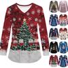 Женская модная рабочая одежда с V-образным вырезом, длинным рукавом и карманом, рождественский принт, футболка, топ