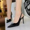 Women Pointed Toe Patent Leather High Heels Shallow Vamp Rhinestone Decorated Backless Strap Dress Shoes