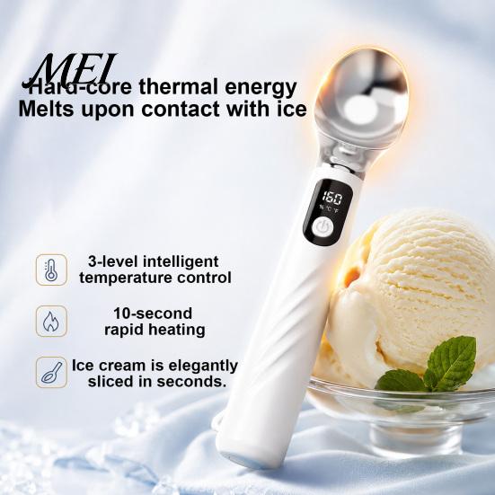 Nonstick Dessert Utensil Heated Ice Cream Scoop with LED Display, Rechargeable Self-Warming Spoon Ergonomic for Hard Gelato, Kitchen Gadget