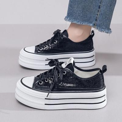 Женские черные кроссовки на платформе с пайетками, на шнуровке, удобные женские туфли, модные многофункциональные спортивные парусиновые туфли для отдыха на природе