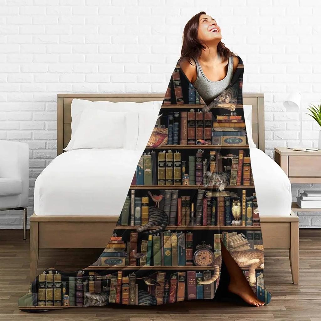 Reading Antique Books Blanket Mysterious Cats Flannel Novelty Warm Throw Blankets for Home Autumn/Winter