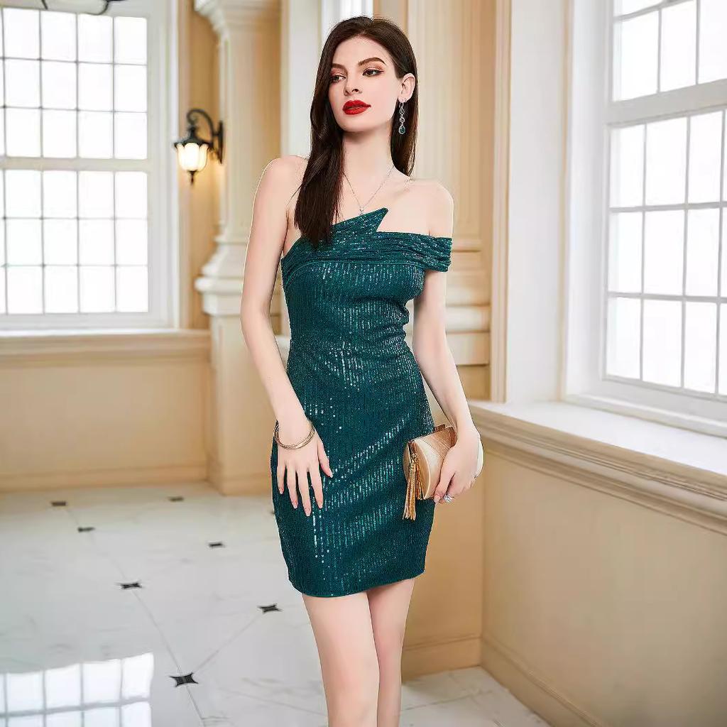 Весна и лето новая женская одежда сексуальное платье с рукавами на плечах юбка с пайетками до бедер юбка средней длины