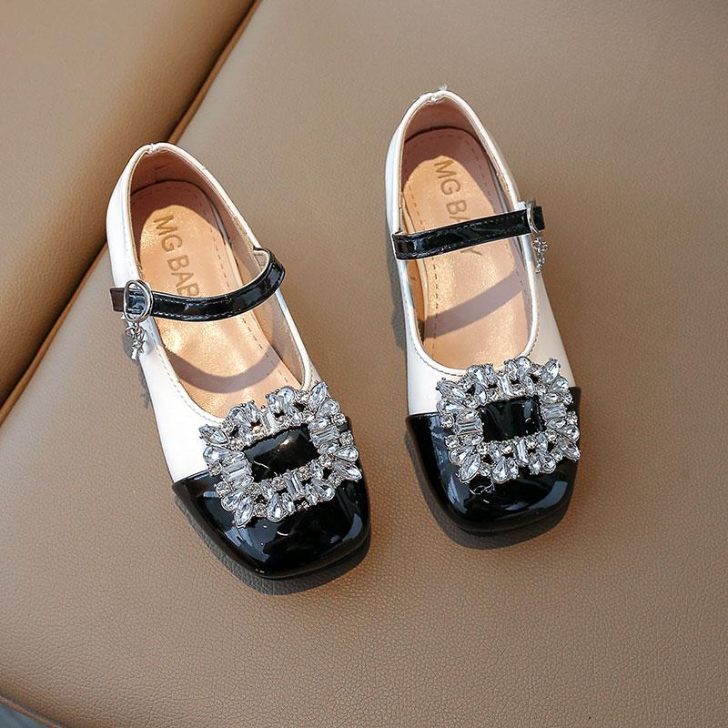 Korean Style Rhinestones Large Buckle Princess Shoes Shallow Mary Janes Hook & Loop Children's Fashion Party Wedding Shoes Flat
