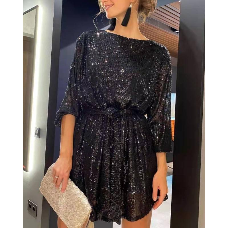 European American New Holiday Party Evening Dress Fashion Sequin Bead Solid Color Tight Waist Dress Dress