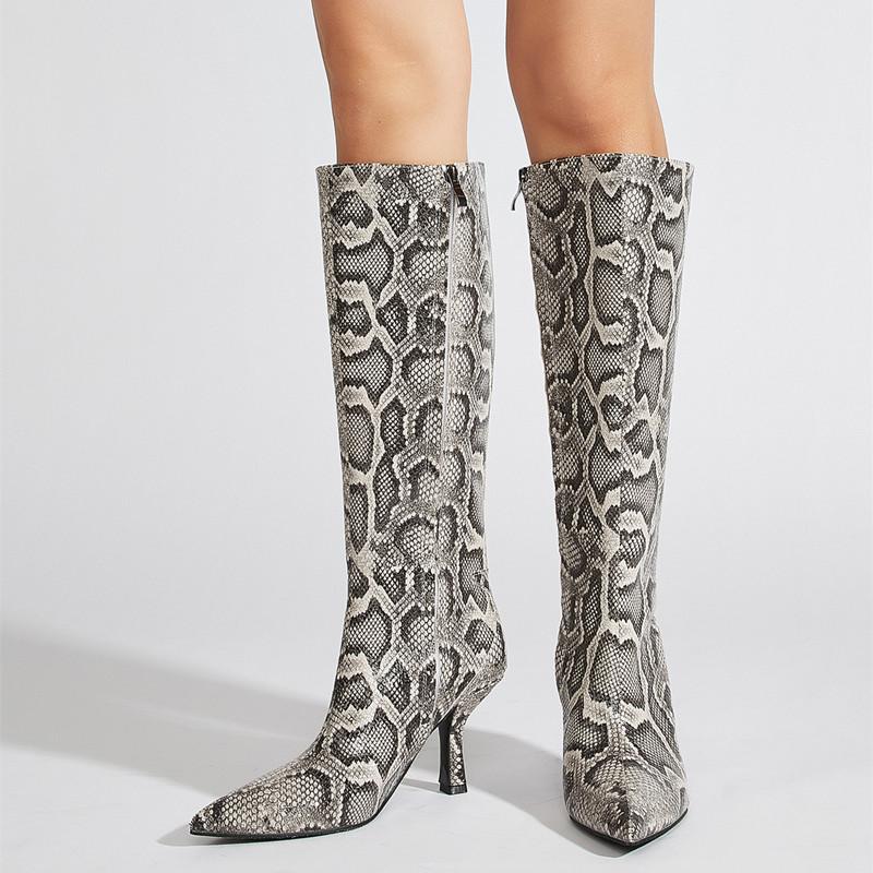 Fashion 2025 Autumn Winter Snake Pattern Patent Leather Women Knee-high Boots Elegant Pointed Toe High Heels Fashion Party Boots Shoes