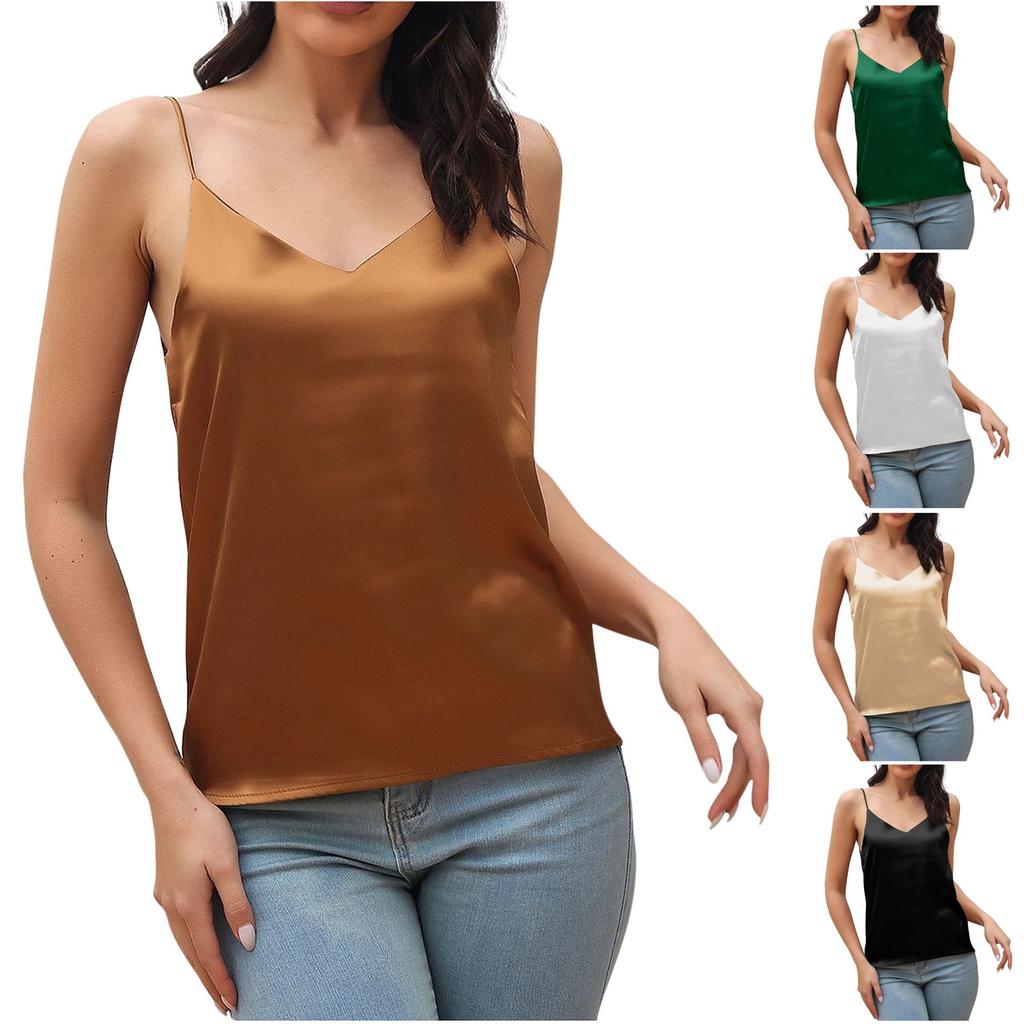Women's Cami Tank Tops Spaghetti Strap V Neck Satin Camisole Sleeveless Soft Sleeveless Shirts Tank Tops