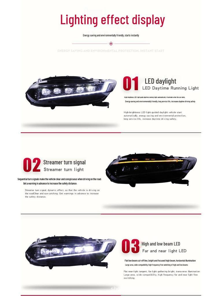 Suitable for 10th-generation Accord: LED Lens Headlight Assembly with Running Horse DRL and Streamer Turn Signal.
