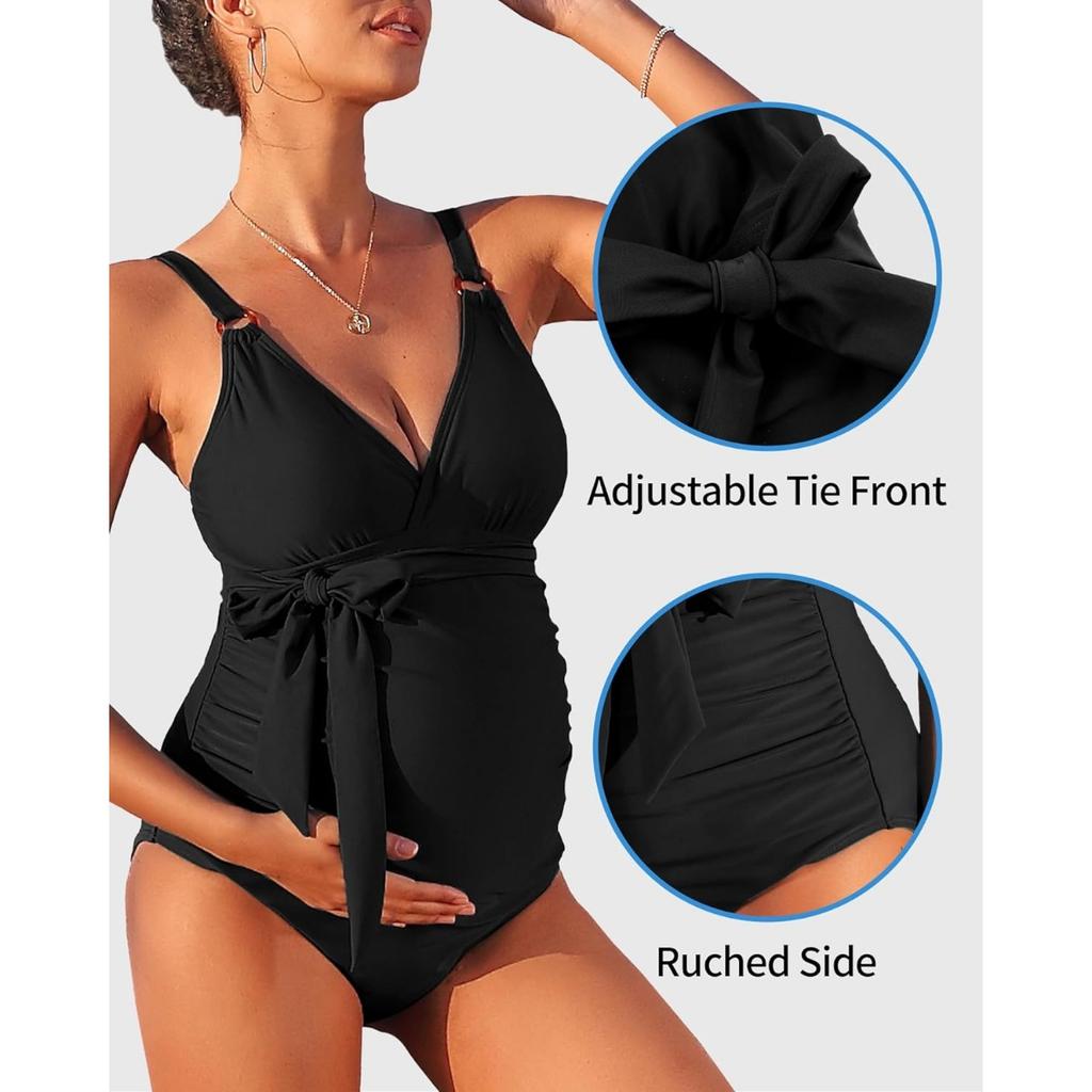 CHARMLEAKS Купальник для беременных Цельный купальный костюм с V-образным вырезом для беременных с завязками спереди и рюшами Купальники