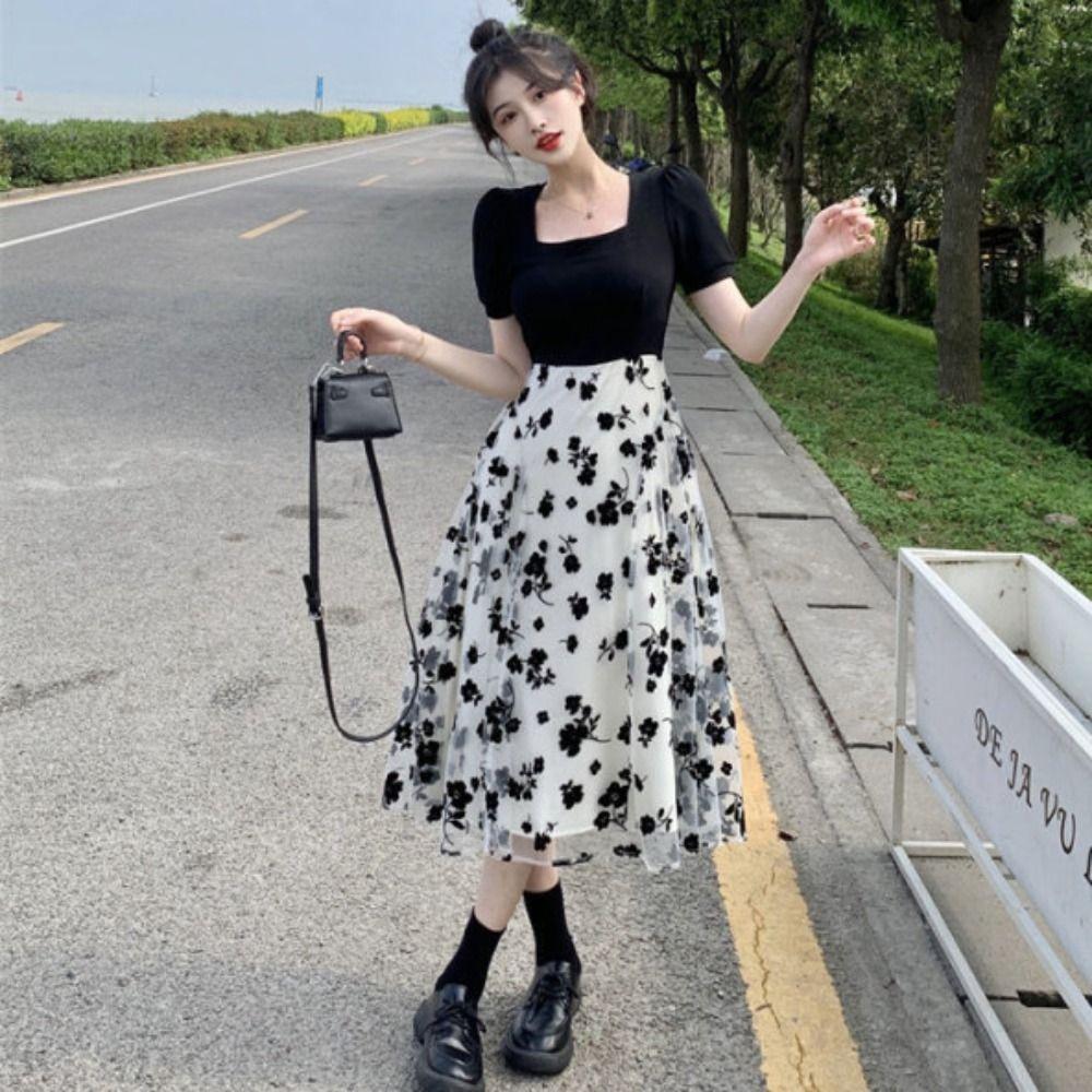 Длинное платье с квадратным вырезом и цветочным узором, пэчворк, платье с короткими рукавами, элегантная юбка А-силуэта, вечернее платье