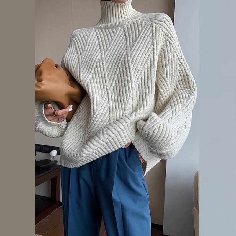 Свитер с высоким воротником, женский пуловер, утепленный вязаный свободный топ